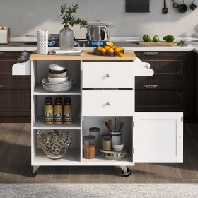 K&K Store Kitchen Cart on 4 Wheels with 2 Drawers and 3 Open Shelves; Kitchen Island with Rubber Wood top for Dinning Room; White