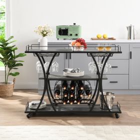 Industrial Bar Cart Kitchen Bar&Serving Cart for Home with Wheels 3 -Tier Storage Shelves (Color: Black)